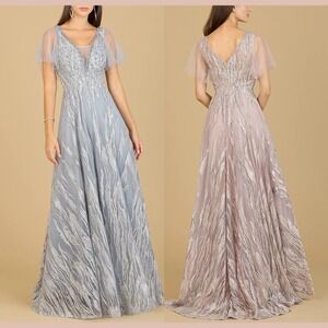 NWT $658 Lara [ 18 ] 29201 Embroidered Flutter Sleeve V Neck Gown Slate #S2095